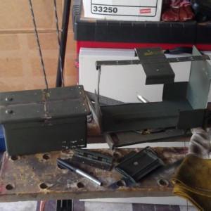 Ammo box cut down to fit frame for electrical/ battery box 3x3x1 inches smaller.