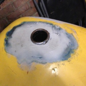 Removed,first filled,ready for second fill and sanding,primer in preparation for my 'new' vintage Yammy RD fuel cap...