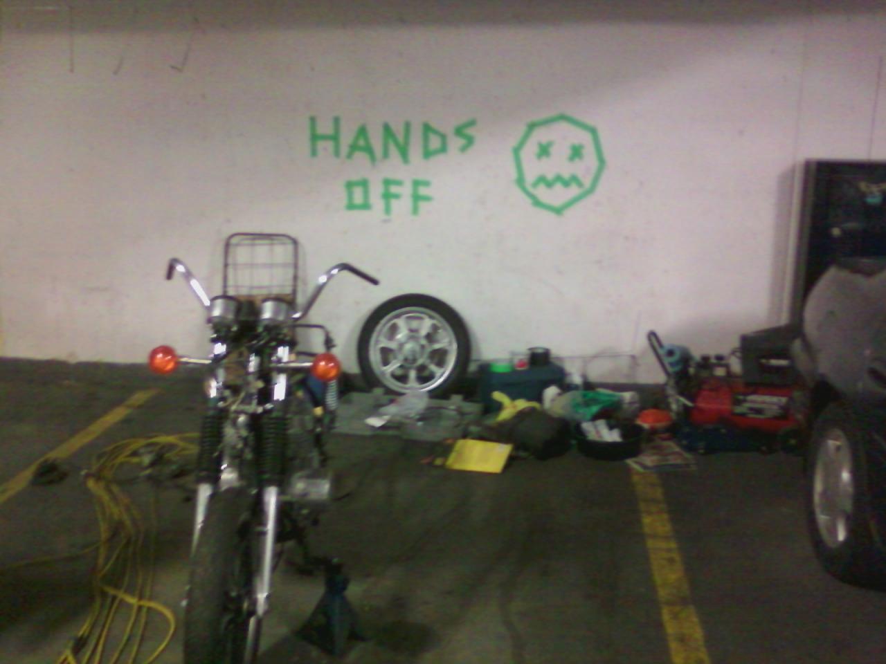 got kind of tired of people touching my stuff... or tired of being paranoid about leaving it out in a public garage so i decided to leave up a scare c