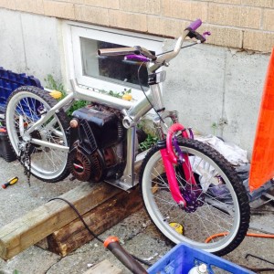 New project for kicks
11hp tecumseh + kids bike 
Aluminum frame driven by belts it will b 2 speed when complete i hope
